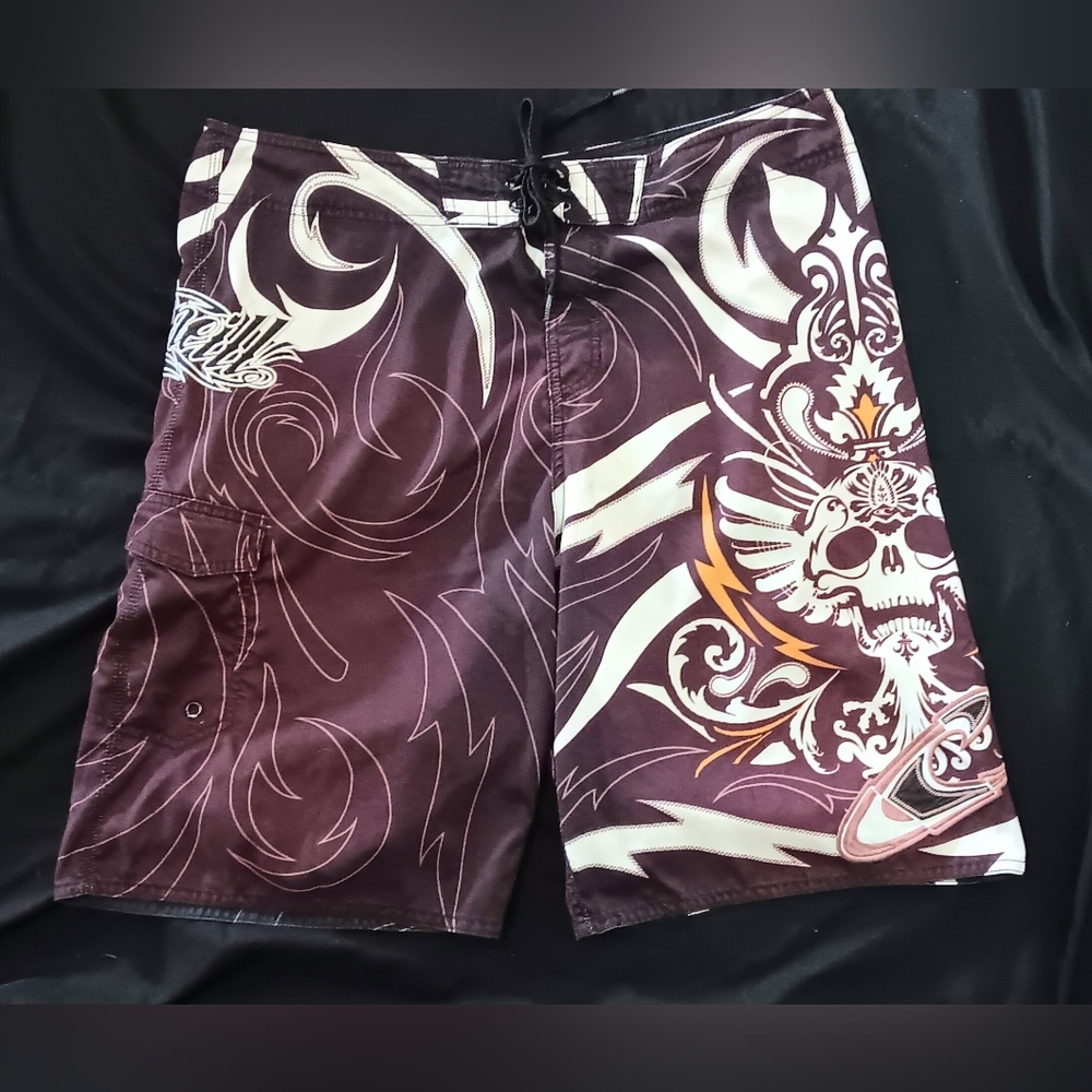 O'Neill Y2K Skull Board Shorts XL 36 Surf Beach Vacation Cruise Resortwear